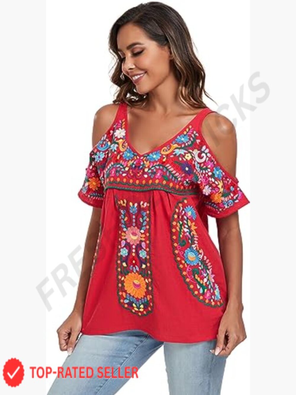Mexican Embroidered Tunic Cold Shoulder V-Neck Boho Chic Summer Blouse - Picture 6 of 7